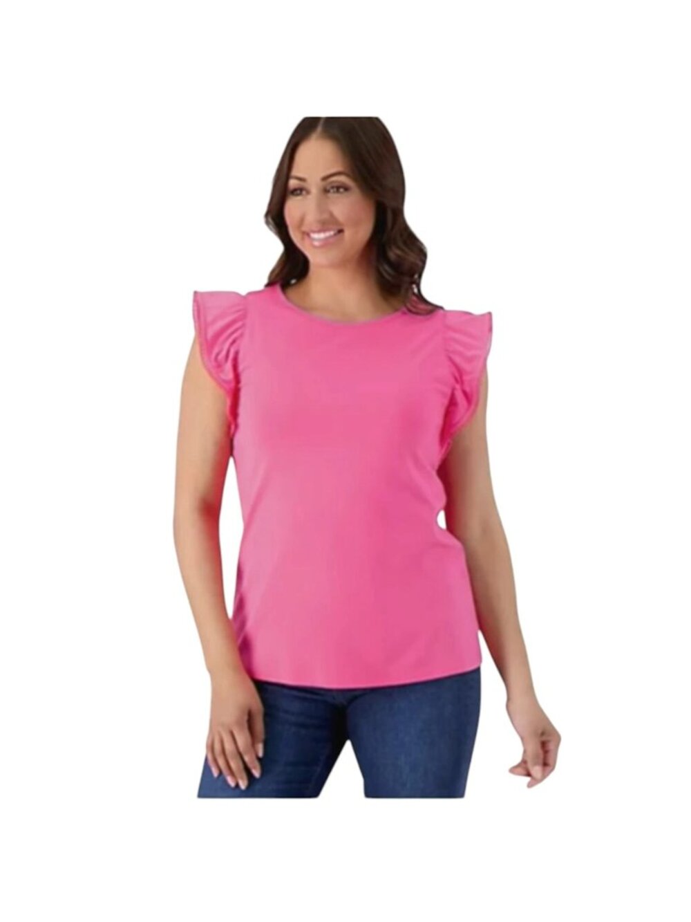 Isaac Mizrahi Live! Top Small Crew Neck Ruffle Sleeve Tee Iconic Pink Barbiecore